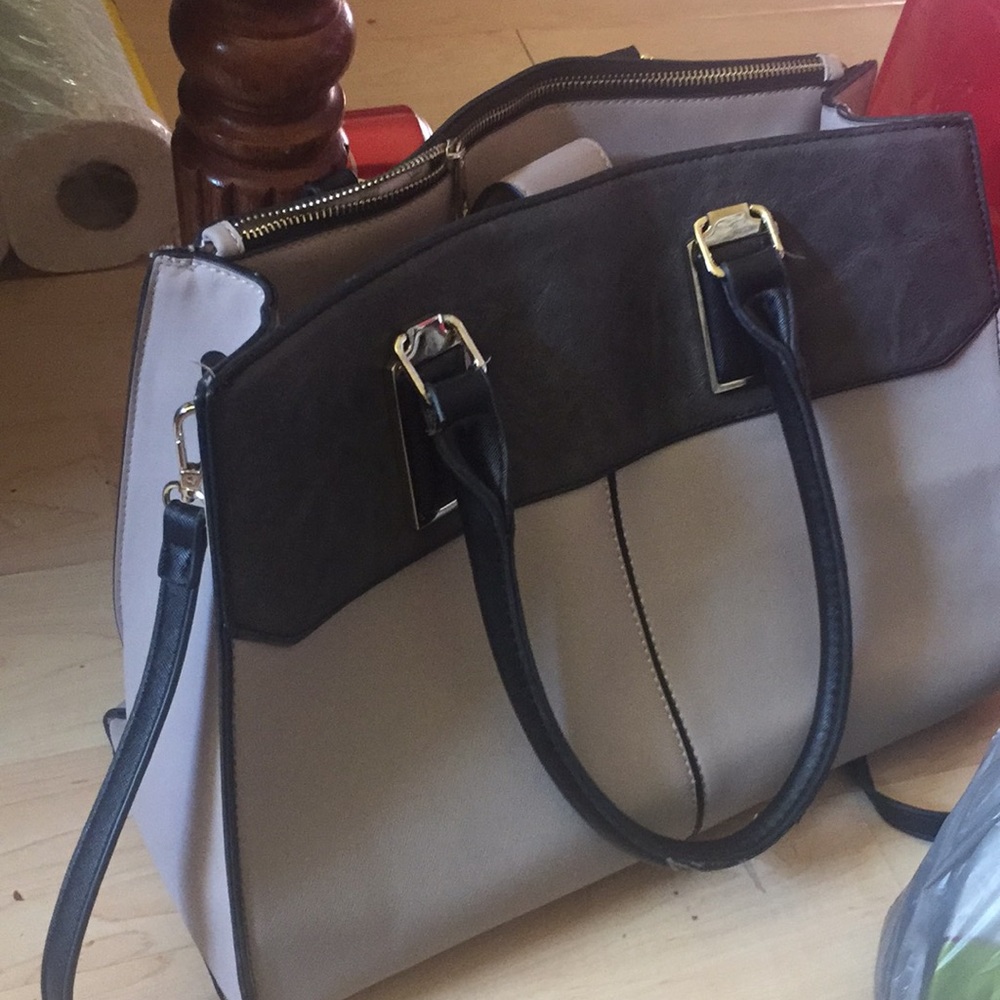 Grey and brown purse with shoulder strap